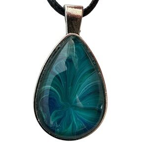 Handmade Teal and Blue Fluid Art Teardrop Pendant Necklace
